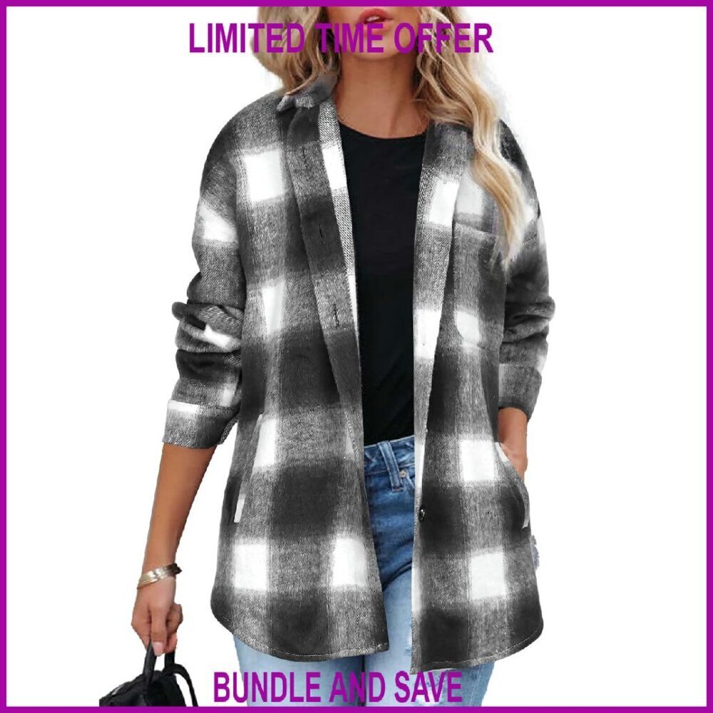 Polyester Plaid Shacket Jacket Long Sleeve Button Down Flannel Shirts